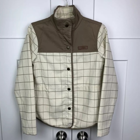 Columbia XS Shacket Snap Front Plaid Ivory Brown Flannel shirt Jacket Camping - Picture 1 of 5